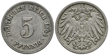 ГЕРМАНИЯ 5 ПФЕННИГОВ 1894 A KM 11, J. 12 медно-никель 39-656