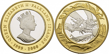 Фолклендские острова 2 фунта 1999 Миллениум, карта, позолота KM 69а серебро, биметалл  PROOF  11-091-41