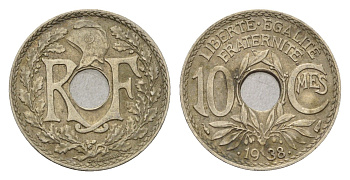 Франция 10 сантимов 1938 KM 866a, Le Franc 138.3 медно-никель 4651-945