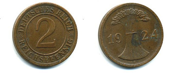 ГЕРМАНИЯ 2 РЕЙХСПФЕННИГА 1924 F KM 38, J. 314 бронза 46-1735