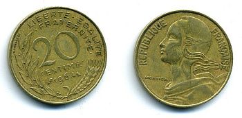 ФРАНЦИЯ 20 САНТИМОВ 1964 ТИП MARIANNE KM 930, LE FRANC 156.4 алюминиевая бронза 25-2332
