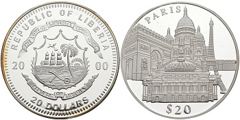 Либерия 20 долларов 2000 серия памятники архитектуры, Париж серебро PROOF 01-148-21