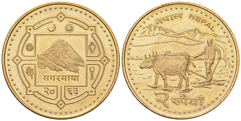 Непал 2 рупии 2006 BS 2063, Гьянендра Бир Бикрам (2001-2008) KM 1188 сталь плакированная латунью UNC 4589-826