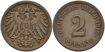 Германия 2 пфеннига 1912 F KM 16, J. 11, Weege 4 медь  4598-613