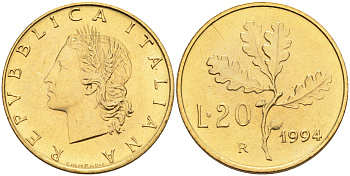 Италия 20 лир 1994 R, дубовый лист KM 97.2 алюминиевая бронза  UNC  4594-911