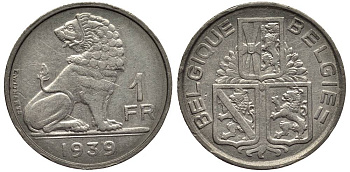 Бельгия 1 франк 1939 Леопольд III (1934-1950), Belgique-Belgie, лев KM 119 никель 27-957