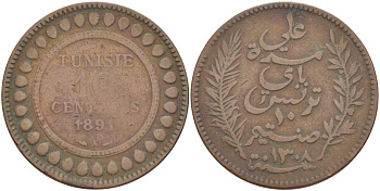 Тунис 10 сантимов 1891 АН 1308, Али III ибн аль-Хусейн KM 222 бронза 4526-146
