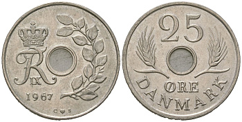 Дания 25 эре 1967 С; S, Фредерик IX (1947-1972) KM 850 медно-никель 4619-552
