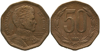Чили 50 песо 1993 So KM 219.2, Schon 70 алюминиевая бронза 4544-311