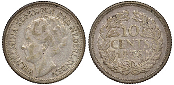 Нидерланды 10 центов 1936 Вильгельмина I (1890-1948) КМ 163 серебро 4174-144