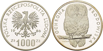 Польша 1000 злотых 1986 MW, серия защита окружающей среды, сова, PROBA, тираж 6000 экземпляров, в оригинальной пластиковой коробке KM Pr548 серебро PROOF 5-3-1-169
