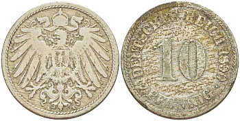 ГЕРМАНИЯ 10 ПФЕННИГОВ 1890 A KM 12, J. 13, Weege 8 медно-никель 261-1236