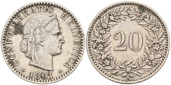 ШВЕЙЦАРИЯ 20 РАППЕНОВ 1891 В KM 29 никель 55-613