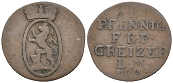 Рейсс-Оберграйц 1 пфенниг 1827 LM KM 102, AKS 11, Jaeger 33 a медь 54-1066