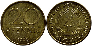 ГДР 20 пфеннигов 1969 А, первый год KM 11 латунь UNC 4398-113