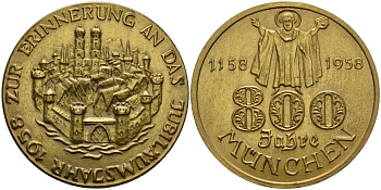 Бавария медаль 1958 800 лет Мюнхену (1158-1958), диаметр 38,8 мм., без ушка жёлтый металл 1095-7-54