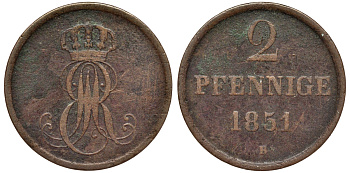 Ганновер 2 пфеннига 1851 B, Эрнст Август (1837-1851) KM 202.1, AKS 124, J. 75 медь 75-1947