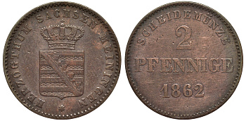 Саксен-Мейнинген 2 пфеннига 1862 Бернгард II (1803-1866) KM 171, Jaeger 448, AKS 215 медь 75-1069