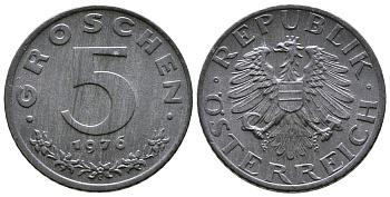 АВСТРИЯ 5 ГРОШЕЙ 1976 KM 2875 цинк UNC 57-1218