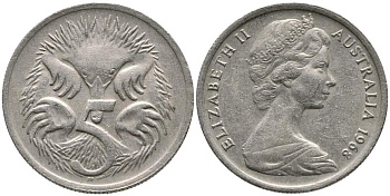 АВСТРАЛИЯ 5 ЦЕНТОВ 1968 ЕХИДНА, ЕЛИЗАЕТА II (1952-) KM 64 медно-никель 4549-669
