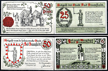 Бад-Брамштедт (Пруссия, Шлезвиг-Гольштейн) полный набор из 2 нотгельдов (25 и 50 пфеннигов) 1920 Mehl Grabowski 150.1-1 бумага UNC (пресс) 7556-51-4-2
