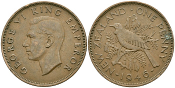 Новая Зеландия 1 пенни 1946 Георг VI (1936-1952), новозеландский туи KM 13 бронза 32-843