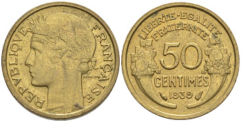ФРАНЦИЯ 50 САНТИМОВ 1939 ТИП MORLON KM 894.1, LE FRANC 192.15 алюминиевая бронза 44-818