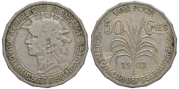 Гваделупа 50 сантимов 1903 KM 45 медно-никель 413-3645