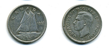 КАНАДА 10 ЦЕНТОВ 1941 ГЕОРГ VI серебро 46-1227