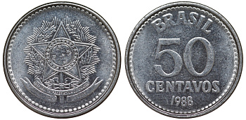 Бразилия 50 сентаво 1988 реформа 1986-1989 KM 604 нержавеющая сталь 4163-844
