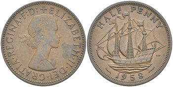 Великобритания 1/2 пенни 1958 Елизавета II (1952-2022) KM 896, Spink 4158 бронза 4544-112
