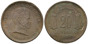 Чили 20 сентаво 1953 Бернардо Хиггинс KM 177 медь 4618-654