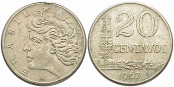 Бразилия 20 сентаво 1967 голова Свободы влево KM 579.1, Schon 84 медно-никель 73-1455