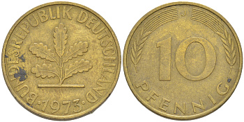 ФРГ 10 ПФЕННИГОВ 1973 J KM 108, J. 383 сталь плакированная латунью 4182-835