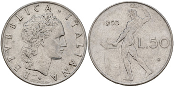 Италия 50 лир 1955 R, бог Вулкан у наковальни KM 95.1 нержавеющая сталь 4156-724