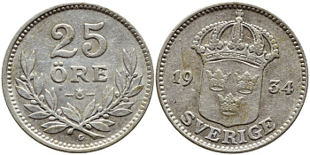 Швеция 25 эре 1934 G, Густав V (1907-1950) KM 785 серебро 1530-841