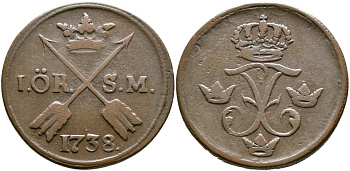 Швеция 1 эре 1738 S.M. Фредерик I (1720-1751) KM 416.1 медь 37-912