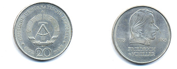 ГДР 20 марок 1972 А, Фридрих Шиллер (1759-1805) KM 40 медно-никель 3333-744