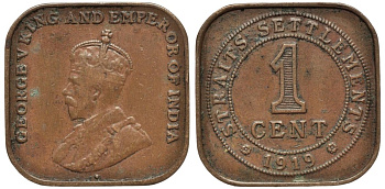 Стрейтс-Сетлментс 1 цент 1919 Георг V (1910-1936) KM 32 бронза 190-625