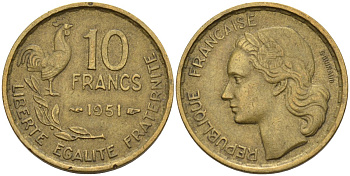 Франция 10 франков 1951 Петух KM 915.1, Le Franc 363.2 алюминиевая бронза 4142-1245