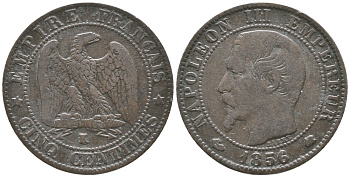 ФРАНЦИЯ 5 САНТИМОВ 1856 K, НАПОЛЕОН III (1852-1870) KM 777.5, LA FRANC 116.34 бронза 34-432