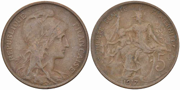 ФРАНЦИЯ 5 САНТИМОВ 1917 ТИП ДАНИЭЛЬ ДЮПЮИ KM 842, LE FRANC 119.30 бронза 108-1024