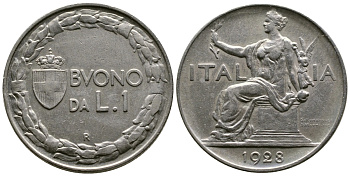 ИТАЛИЯ 1 ЛИРА 1928 R, ВИКТОР ИМАНУИЛ III KM 62 никель 51-1544