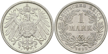 Германия 1 марка 1893 F, цена по каталогу MT 75 евро Weege 18, J. 17, KM 14 серебро aUNC 413-5214