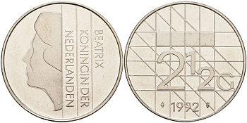 Нидерланды 2 1/2 гульдена 1992 Беатрикс (1980-2013) KM 206 никель UNC 4593-1046