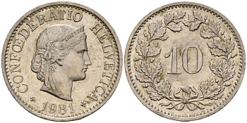 Швейцария 10 раппенов 1981 KM 27 медно-никель 4189-426