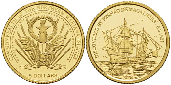 Северные Марианские острова 5 долларов 2004 Путешествие Магеланна, корабли золото PROOF 00-811-08