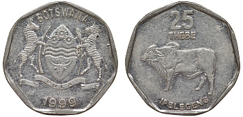 Ботсвана 25 тхебе 1999 зебу KM 28 никелированная сталь 4163-815