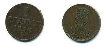 Ганновер 1 пфенниг 1848 B, Эрнст Август (1837-1851) KM 201.1, AKS 129, J. 74 медь 36-1139