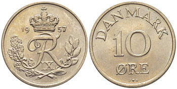 ДАНИЯ 10 ЭРЕ 1957 C;S, ФРЕДЕРИК IX (1947-1972) KM 841,2 медно-никель 201-1217